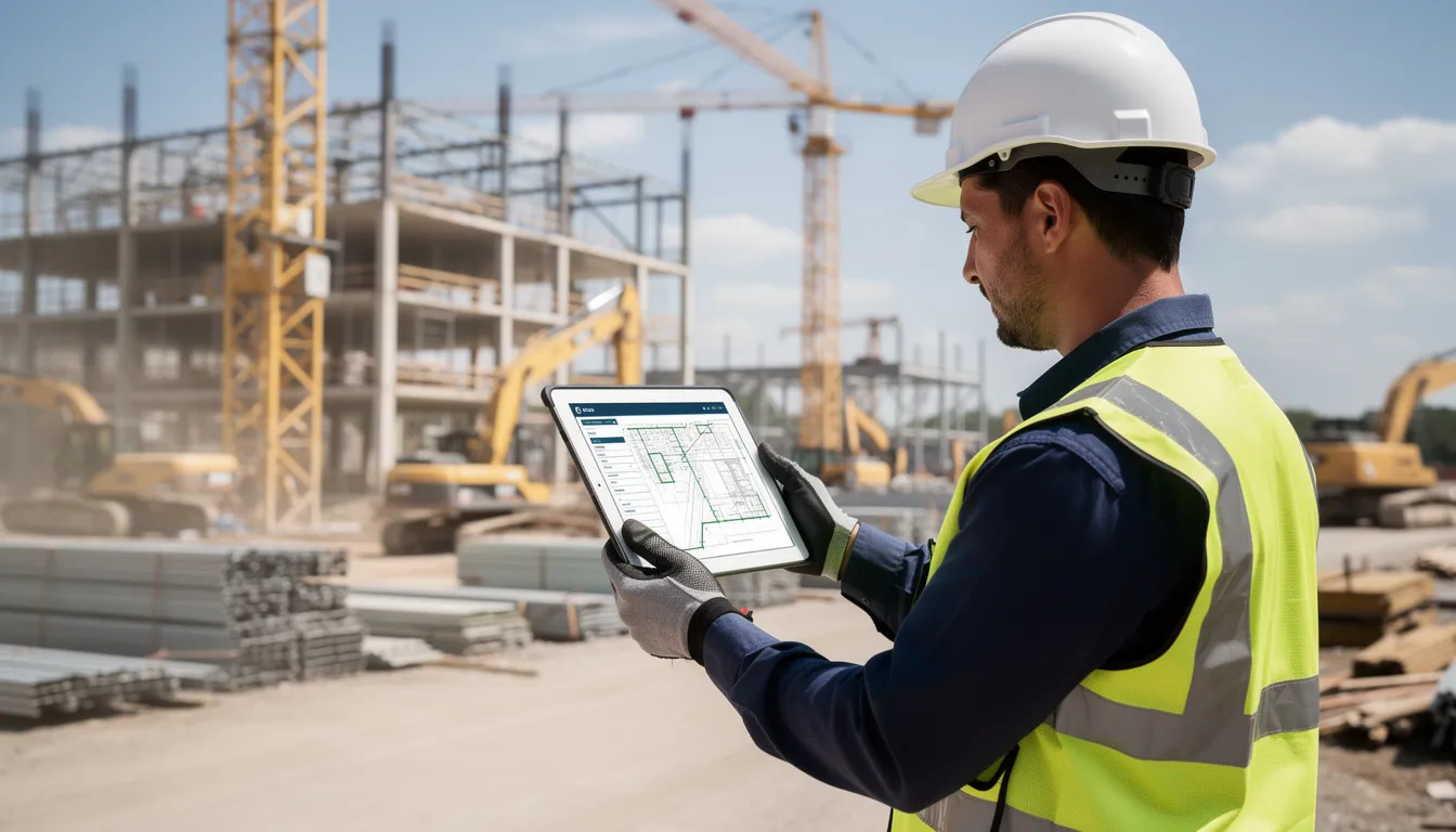 The image depicts a construction worker on a job site, utilizing a tablet to manage tasks while modern equipment is visible in the background. This scene highlights the integration of technology in the construction industry, addressing the ongoing construction workforce shortage and the need for skilled workers.