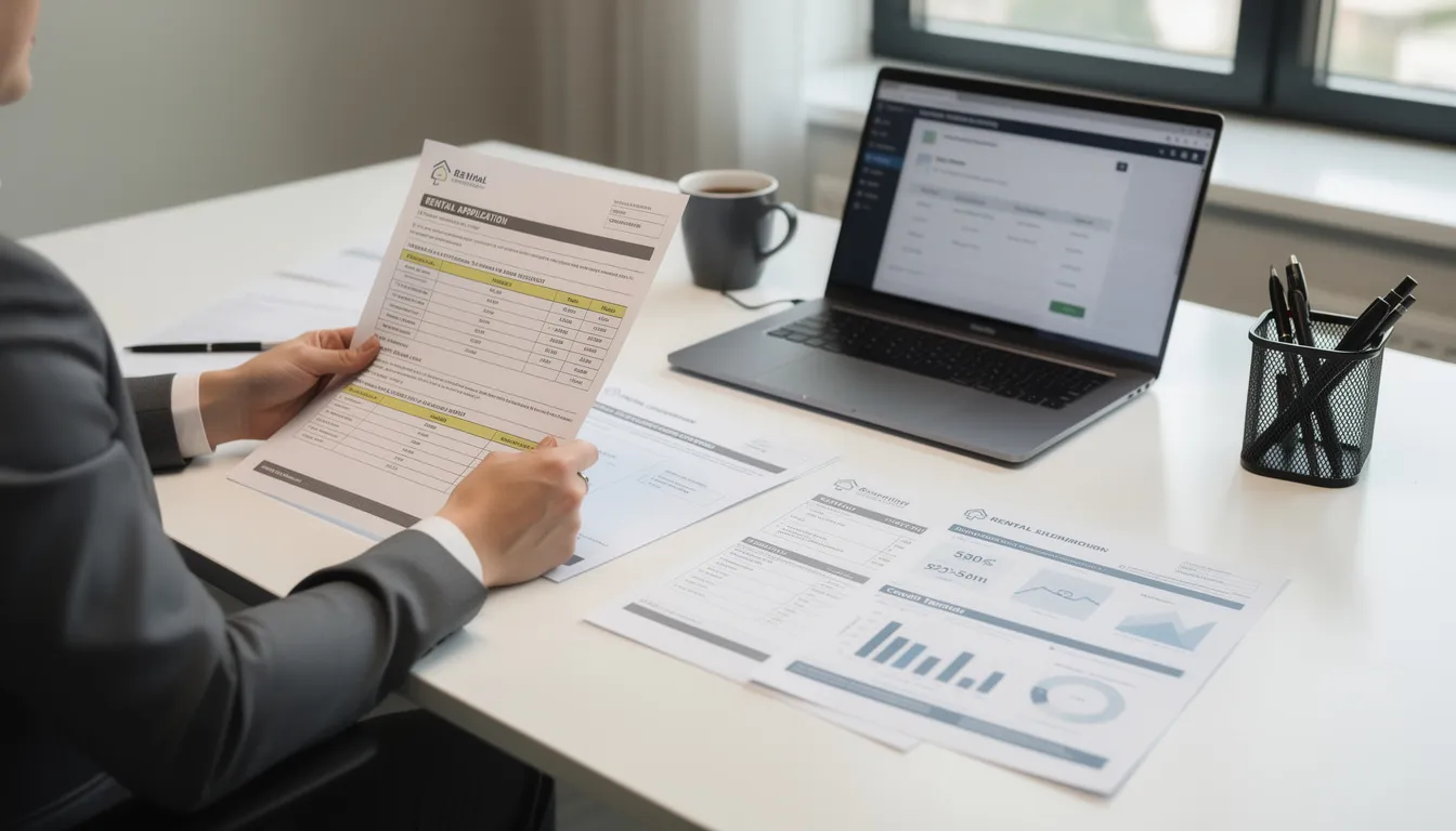 A person is sitting at a desk, reviewing rental application documents and credit reports, essential for effective property management. This process helps property managers ensure compliance with local and federal laws while assessing prospective tenants for rental properties.