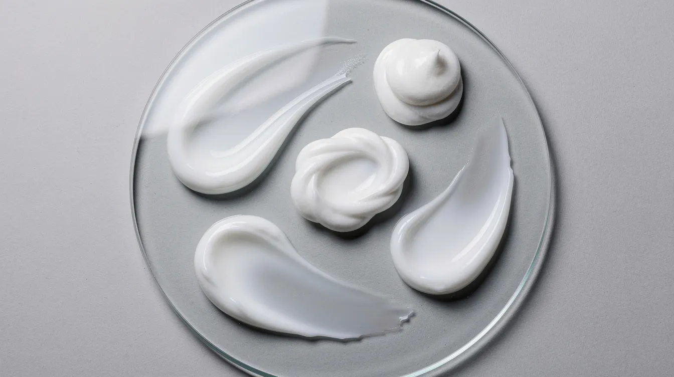 The image displays various textures of white and translucent skincare creams swirled elegantly on a clean glass surface, showcasing a range of moisturizers ideal for sensitive and dry skin. These creams, featuring key ingredients like hyaluronic acid and shea butter, promise deep hydration and are perfect for tackling issues such as flaky skin and a compromised skin barrier.