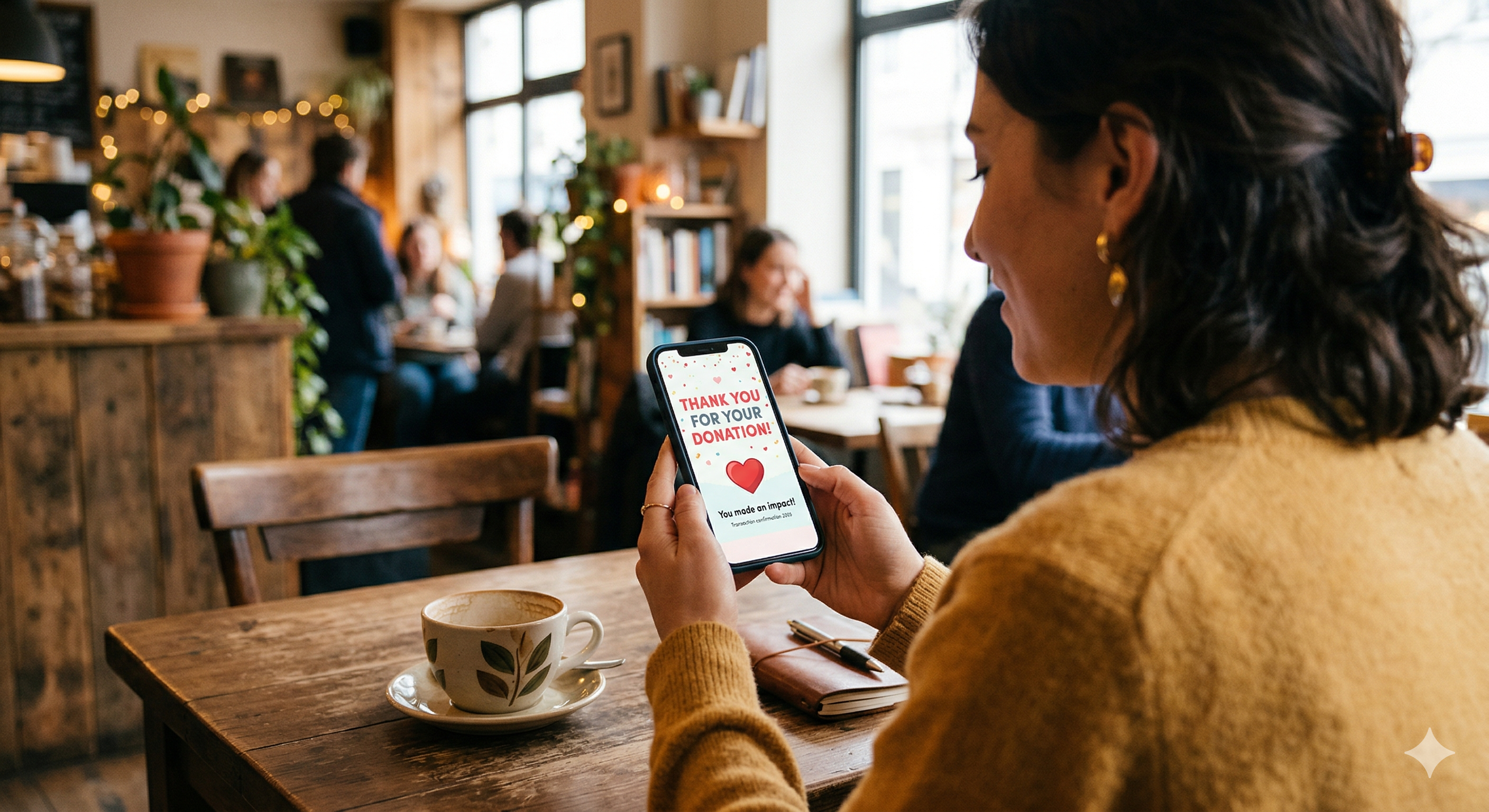 Donor receiving an automated thank you email and tax receipt on a mobile phone.