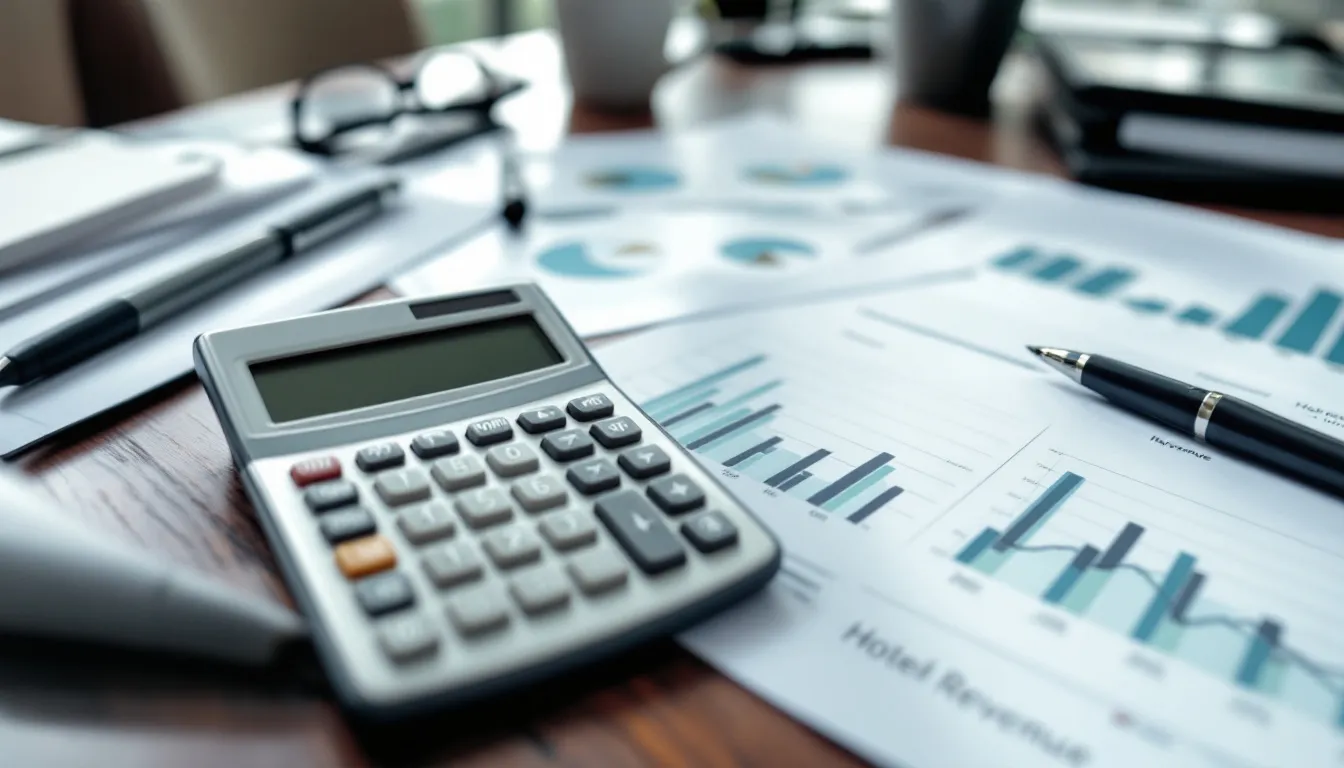 A calculator sits on a desk alongside financial charts displaying hotel revenue data, including gross operating profit, current period revenue, and budgeted profit. This setup illustrates various aspects of revenue management in the hotel industry, such as profit margins and flow through, essential for maximizing revenue and analyzing performance trends.