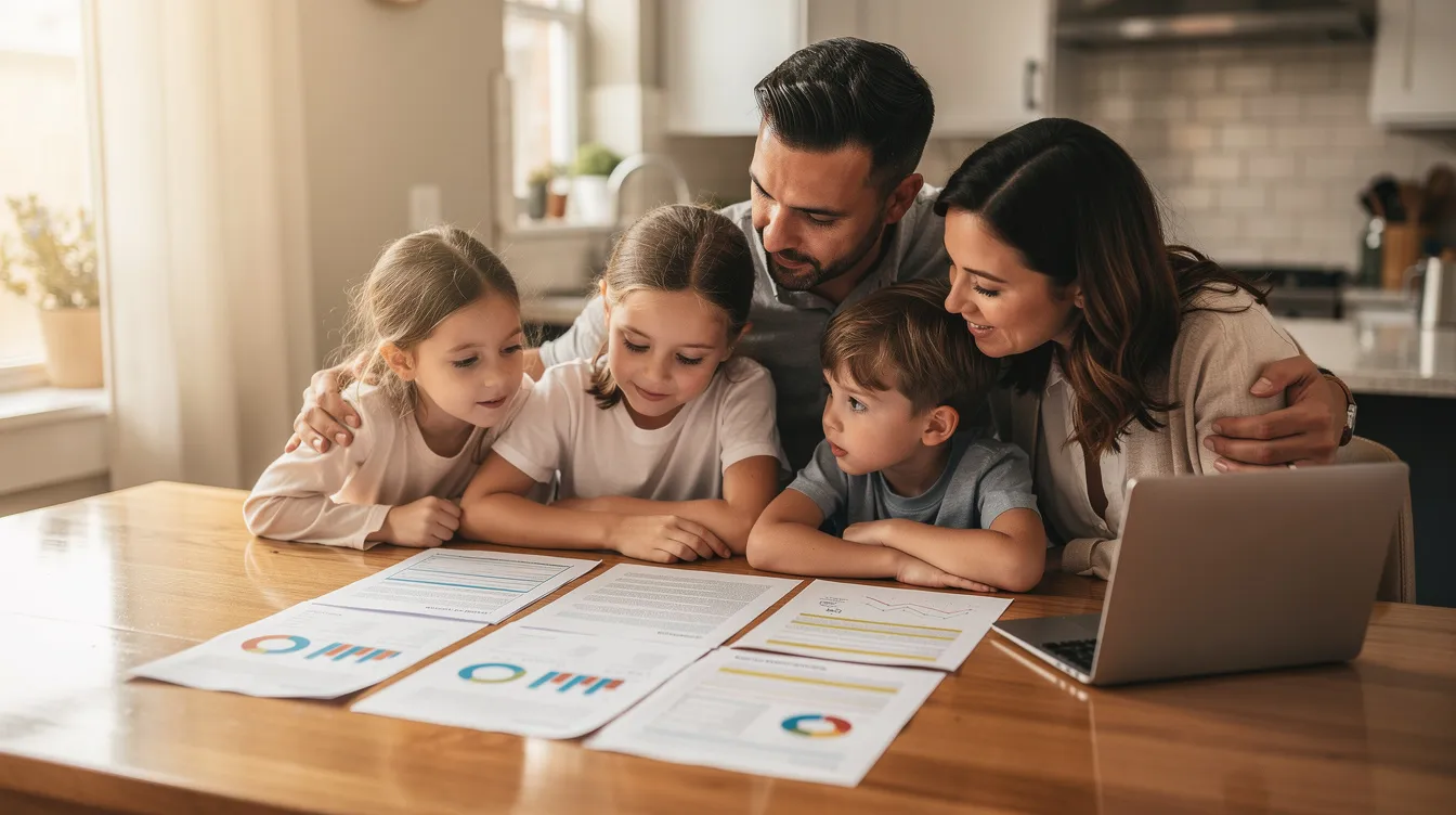 A family is gathered around a kitchen table, reviewing documents together, suggesting they may be discussing a personal injury case or consulting about a personal injury claim. The scene reflects a supportive environment as they navigate the legal process and seek fair compensation for potential medical expenses and lost wages.