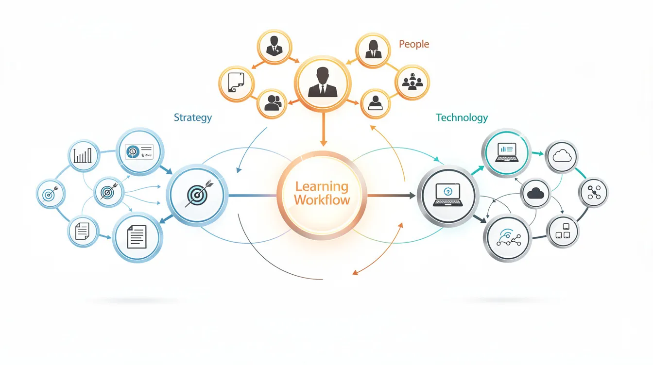 The image depicts a professional workflow with interconnected nodes representing strategy, technology, and people in a learning context, highlighting the importance of learning management systems (LMS) in delivering training and enhancing learner engagement. This visual emphasizes the collaboration between LMS consultants and internal teams to ensure seamless implementations and long-term success in employee development. The image depicts a professional workflow with interconnected nodes representing strategy, technology, and people in a learning context, highlighting the importance of learning management systems (LMS) in delivering training and enhancing learner engagement. This visual emphasizes the collaboration between LMS consultants and internal teams to ensure seamless implementations and long-term success in employee development.