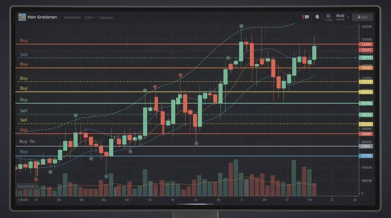 The image depicts a chart illustrating price movements in the cryptocurrency market, with grid trading levels clearly marked to assist advanced traders in their automated trading strategies. This visual representation also highlights market conditions and trading opportunities for market participants looking to improve performance and manage risks effectively.