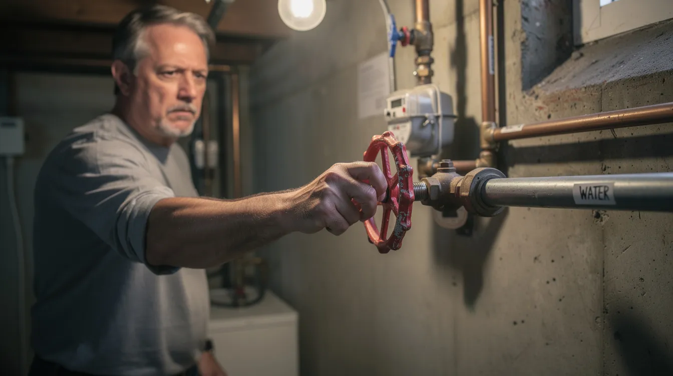 A homeowner is turning a red water shutoff valve in a utility area, taking proactive steps to address a potential plumbing emergency. This action is essential in managing the water supply and preventing future issues such as flooding or leaks.