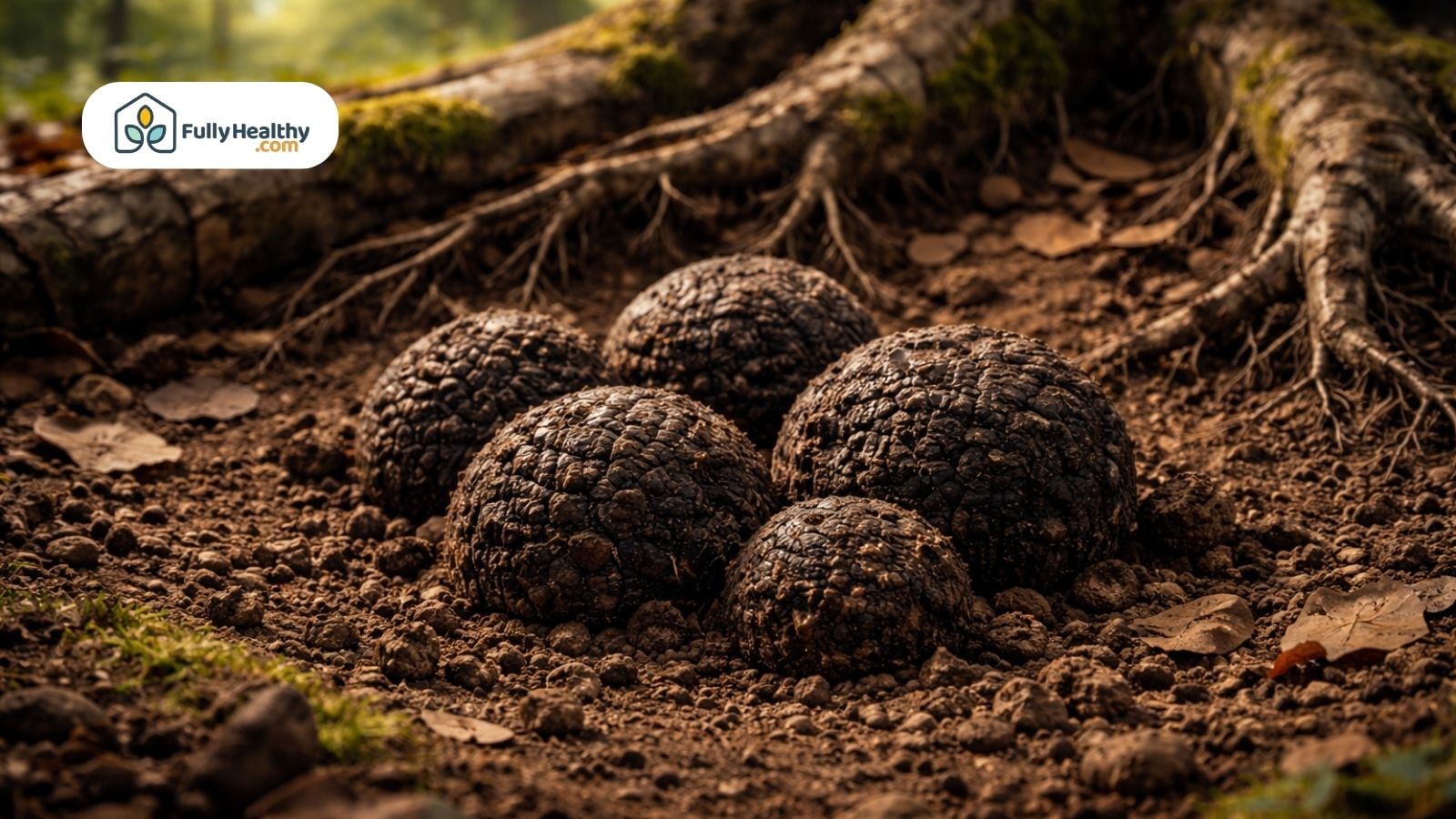 Wild truffles growing on mossy forest hillside