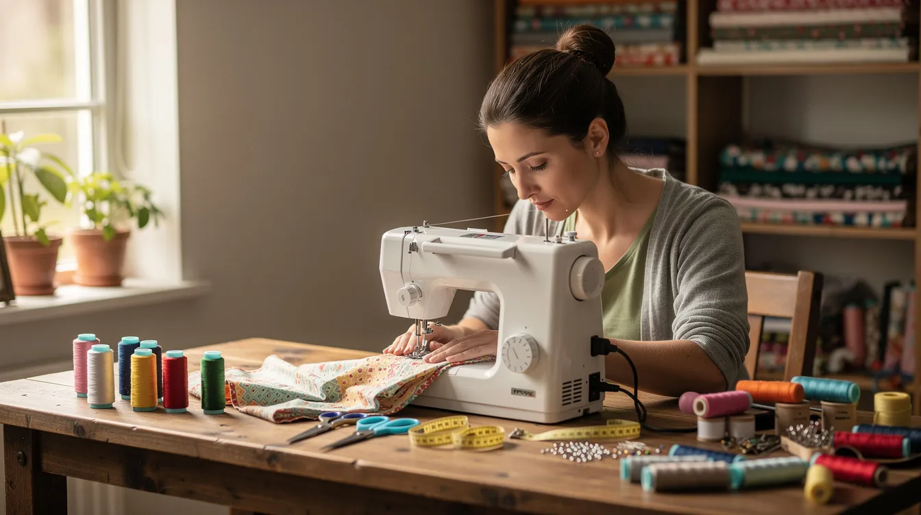 2edc16e8 ef1b 432f 84ce d14bc0d1e0d4 A woman is focused on her work at a home sewing machine in a bright and airy room, surrounded by colorful fabrics. This scene highlights the entrepreneurial spirit of small businesses, reminiscent of those supported by the Pradhan Mantri Mudra Yojana, which provides financial assistance to micro enterprises in India.