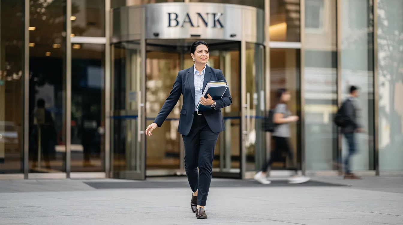 2ede8627 f58c 492f aff7 af884bb53b94 The image shows a confident small business owner walking towards a bank building entrance while holding a folder of documents. This scene reflects the entrepreneurial spirit and the importance of having a clear business plan, essential for mudra loan applications and potential loan approval.