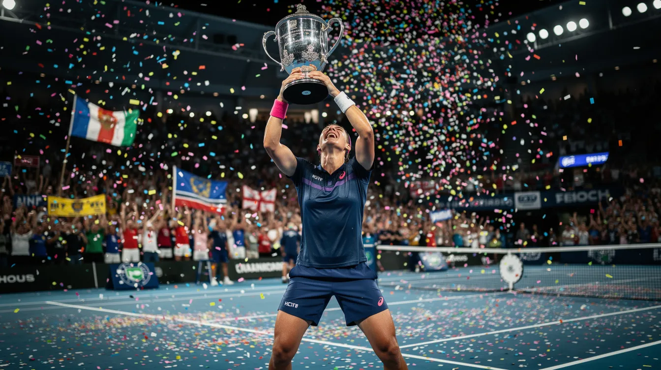 Novak Djokovic, the defending champion, is celebrating on a hard court after winning a major championship, holding the trophy high above his head as confetti falls around him. This victory marks another significant achievement in his career, showcasing his dominance in grand slam finals.