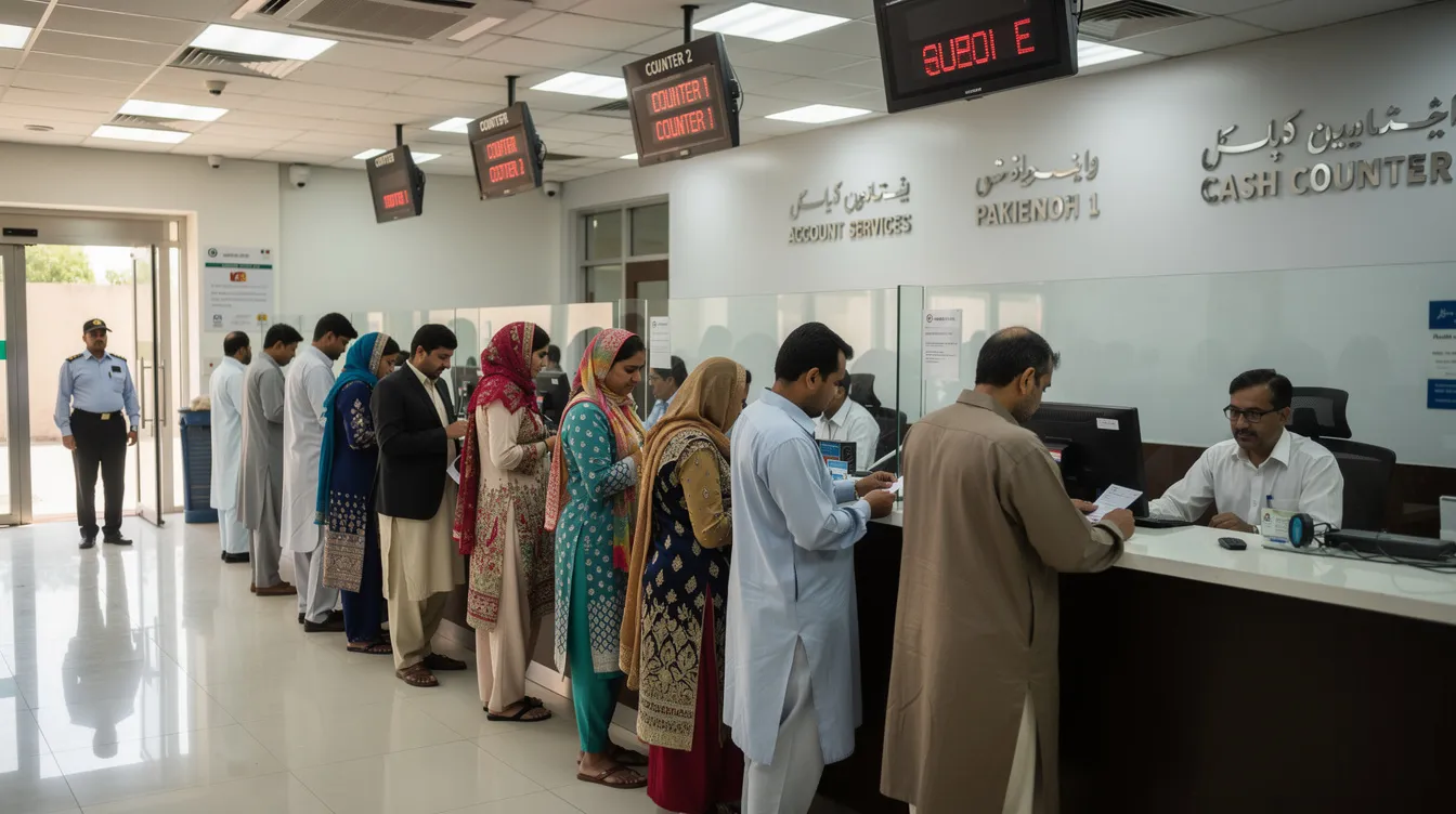 The image shows a group of people standing at a bank service counter in Pakistan, engaging in various banking activities such as making international money transfers and inquiring about payment methods. The setting highlights the importance of secure transactions for sending and receiving money, with visible branding from major banks like United Bank Limited and Bank Alfalah.