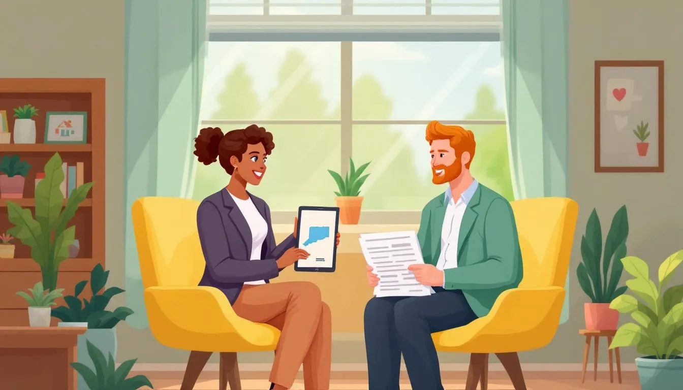 A Connecticut first time homebuyer agent assisting a client in a cozy office.