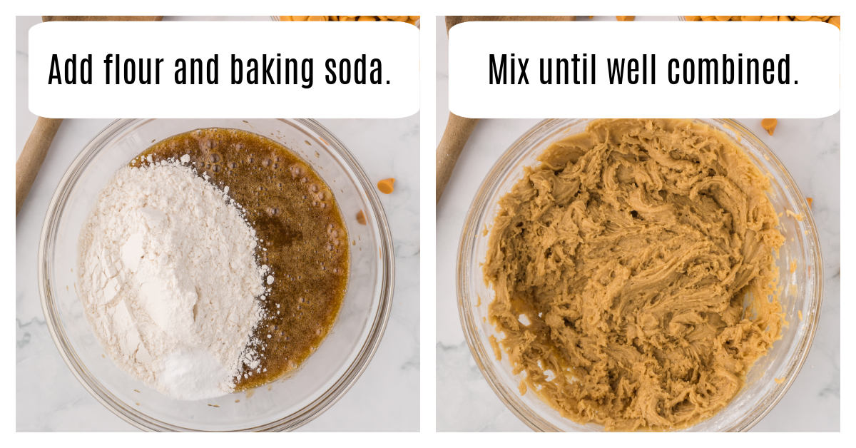 Flour and baking soda added to butterscotch cookie dough