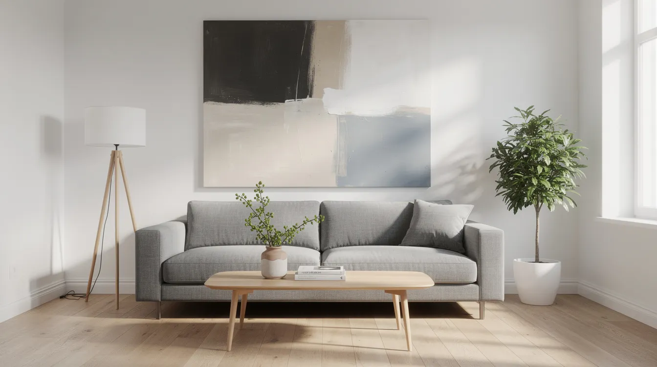 En modern skandinavisk vardagsrum med en stor canvastavla i abstrakt stil som hänger ovanför en grå soffa. Tavlan visar färgglada motiv som ger rummet en imponerande känsla och passar perfekt in i hemmet.