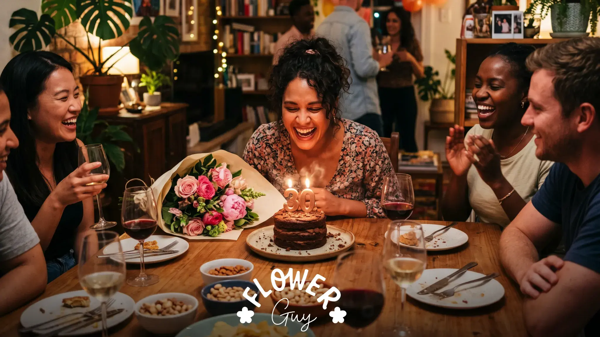 Coloured South African woman blowing out candles on 30th birthday cake with friends and pink peony bouquet