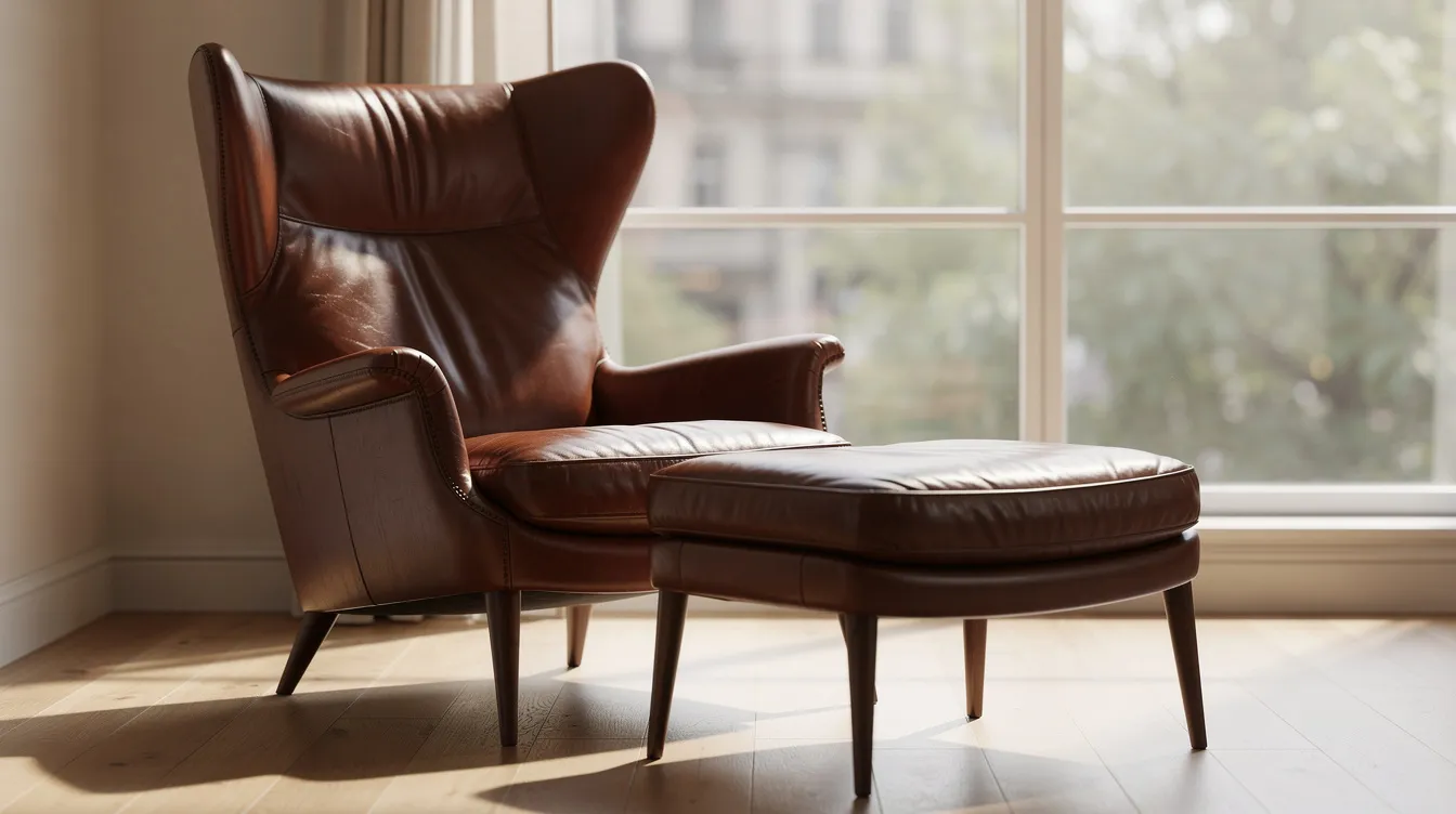 En elegant hög fåtölj i brunt läder med hög rygg och matchande fotpall står placerad framför ett fönster, vilket ger en lyxig och bekväm känsla i rummet. Fåtöljen erbjuder bra stöd och är perfekt för avkoppling.