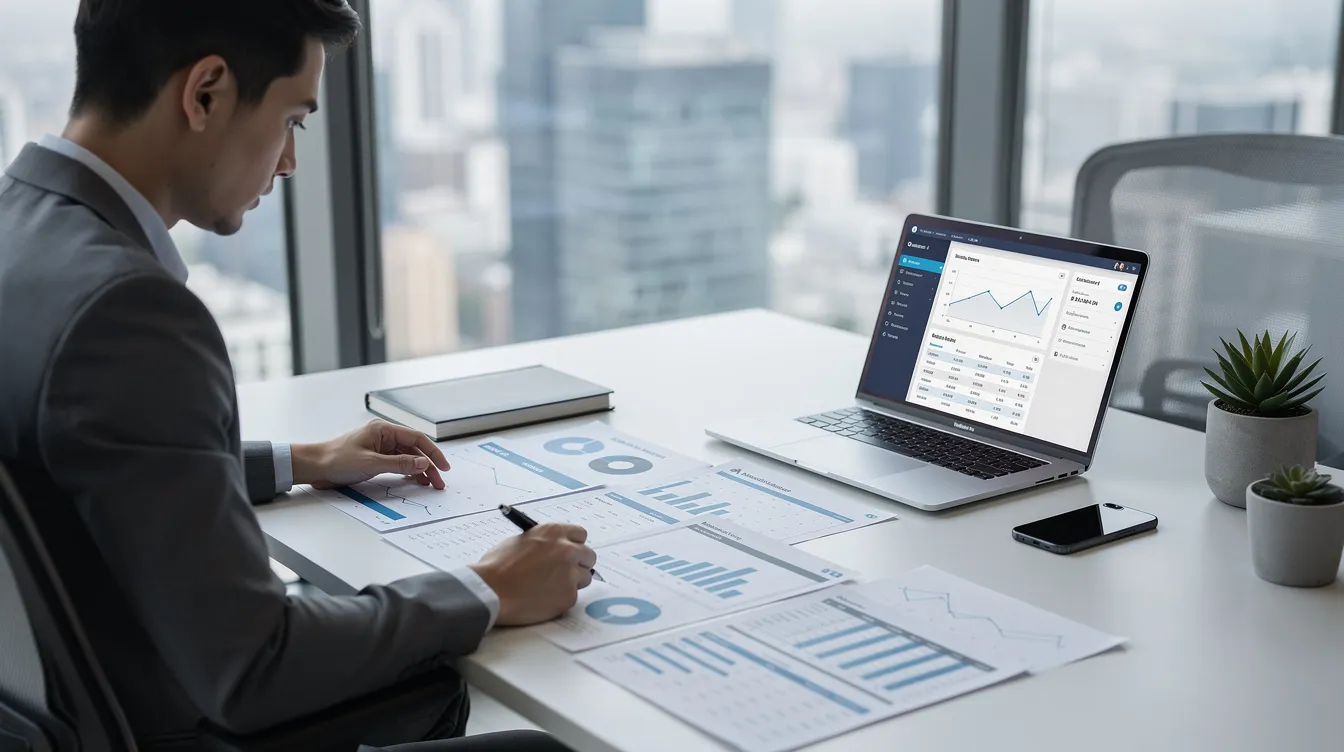 A professional is seated at a modern office desk, reviewing financial documents and project reports on a laptop, with a focus on the ghee manufacturing industry. The setting reflects a meticulous approach to planning and analyzing the ghee production process and market growth.