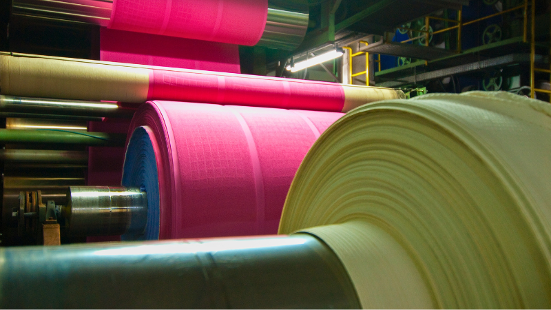 Industrial rolls of bright pink and cream-colored fabric on machinery in a factory.