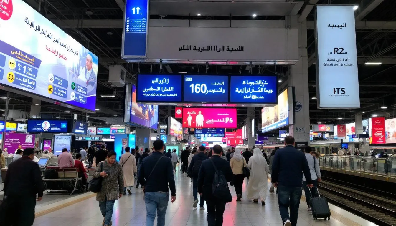 The image depicts a busy train station bustling with travelers, featuring prominent Arabic signage that reflects the rich and diverse culture of the Arab world. People are seen navigating the space, some engaging in conversation while others consult their tickets, embodying the essence of everyday life in an Arabic-speaking country.