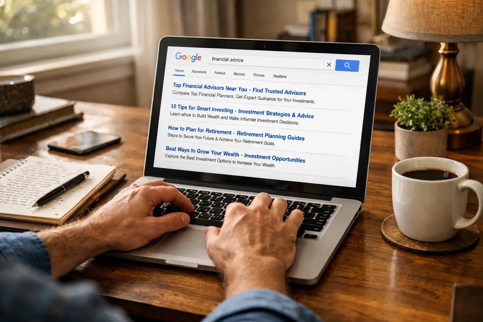 Person researching financial services online using search engines