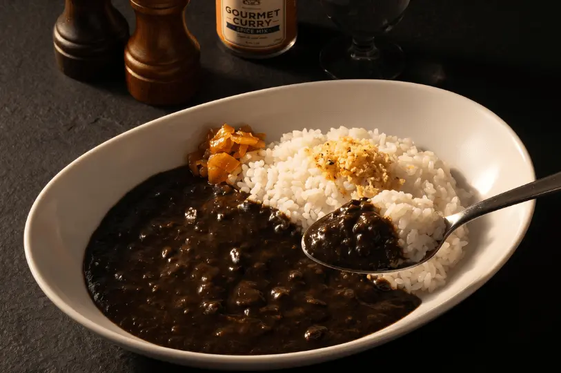 A close-up, warm-toned shot of an oval white bowl filled with rich, very dark brown Japanese curry and white rice. A silver spoon lifts a hearty bite of the curry and rice. The dish is garnished with pickled relish, with a jar of gourmet curry spice mix and wooden shakers softly blurred in the dimly lit background.