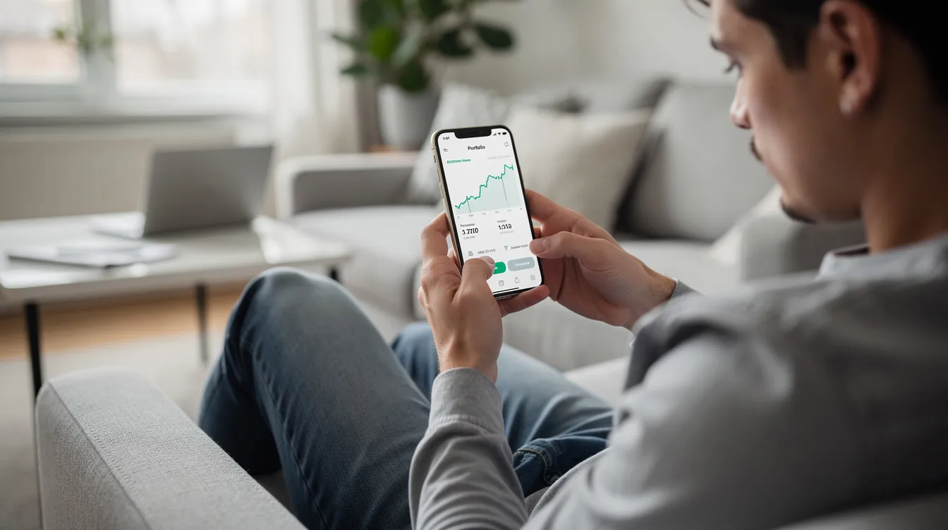 A person is sitting in a modern living room, engaged with a smartphone that displays a financial app interface, possibly related to managing their dirham express transactions. The cozy setting features contemporary furniture and soft lighting, enhancing the focus on the user’s interaction with the app.