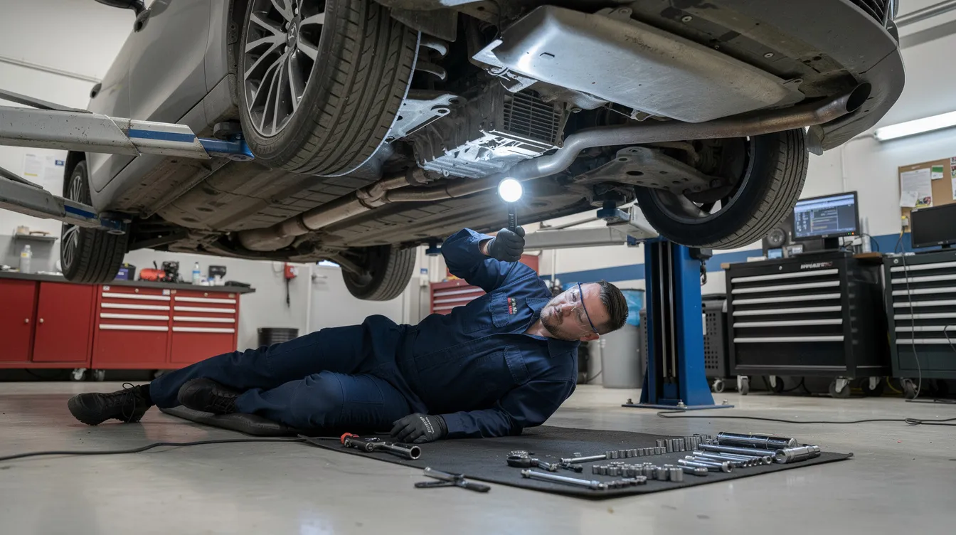 A professional mechanic is working underneath a vehicle elevated on a lift, focusing on the internal components of the car's transmission. This scene illustrates the importance of regular transmission service and highlights the labor costs associated with transmission repair and replacement.