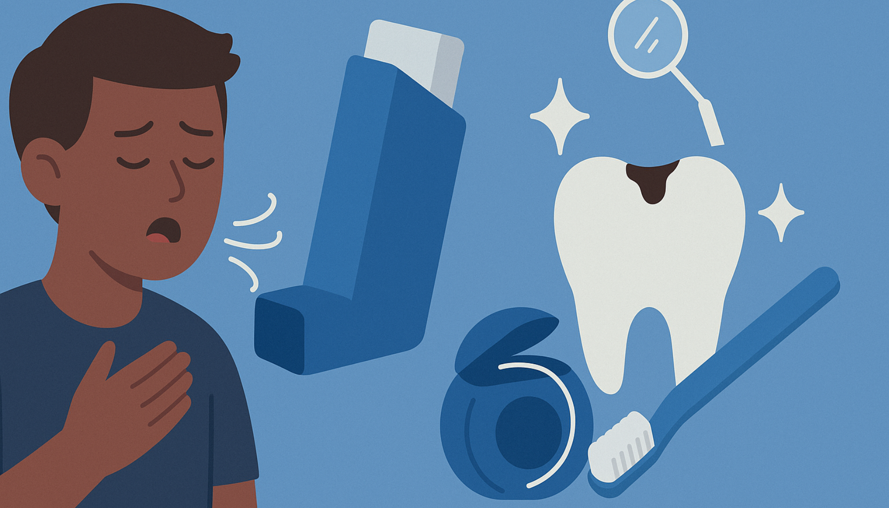 En person med astma bruker inhalator ved siden av tannhelseutstyr og tann med hull som symboliserer munnhelse.