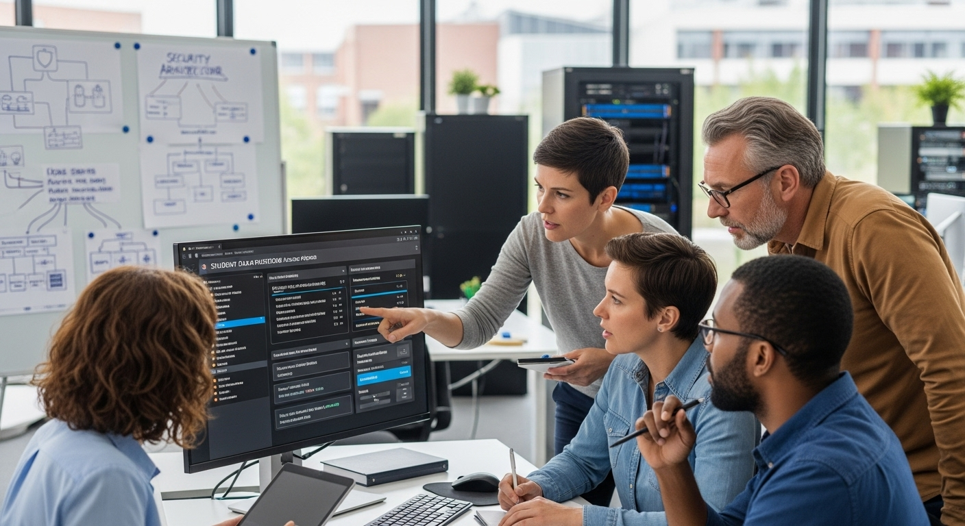 University IT team reviewing student data protection and access control in AI grading software.