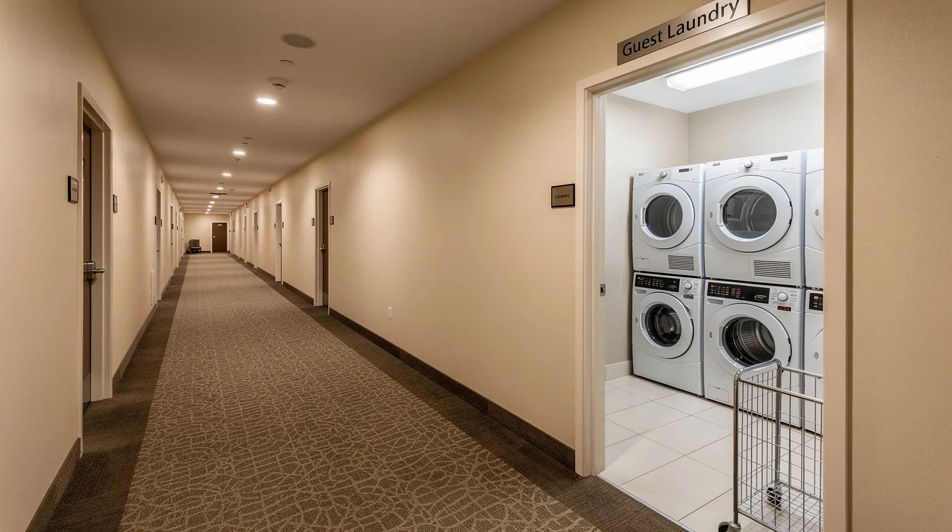 The image shows a bright hotel hallway with an open door revealing a small laundry room equipped with stacked washers and dryers, providing convenient laundry facilities for guests. This amenity allows visitors to handle their own laundry during their stay, making it a cost-effective option for keeping clothes clean.