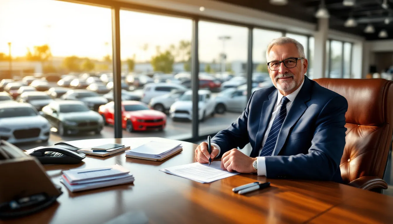 A car dealership owner is seated at his office desk reviewing paperwork, with a view of the car lot filled with new and used vehicles through the window behind him. This scene reflects the operations of the car dealership industry and highlights the importance of managing business loans and financing for auto repair shops.