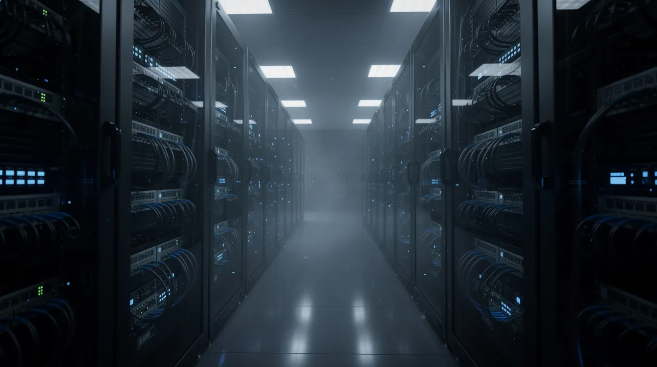 The image depicts a dark server room filled with rows of modern networking equipment, each adorned with glowing blue LED lights, creating a high-tech atmosphere. This environment is essential for supporting various IPTV services and streaming content, ensuring optimal performance for users accessing live TV channels and video on demand.