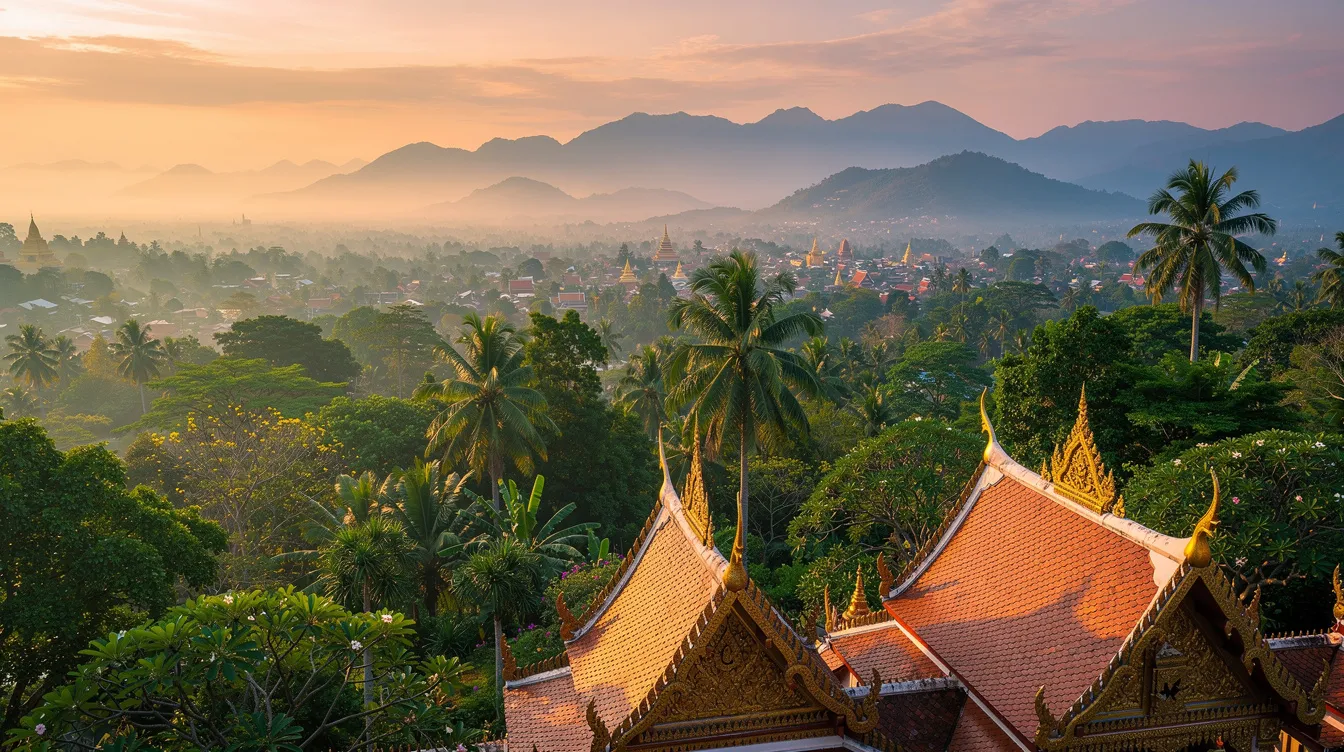 A imagem retrata uma bela paisagem de Chiang Mai, na Tailândia, com montanhas verdes ao fundo e um céu azul claro. No primeiro plano, há uma pessoa admirando a vista, cercada por uma vegetação exuberante, que destaca a beleza natural do local.