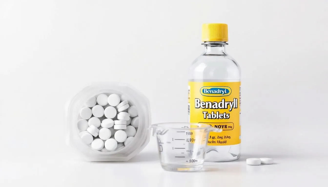 The image displays various forms of Benadryl, including tablets and liquid bottles, alongside measuring tools, all neatly arranged on a clean surface. This setup is useful for pet parents looking to find the correct Benadryl dosage for dogs to alleviate allergy symptoms and treat mild allergic reactions.