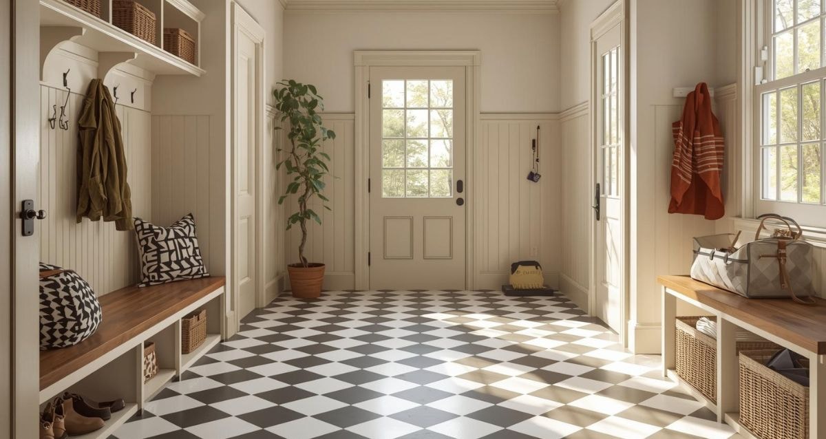 Checkerboard tiles in a mud room