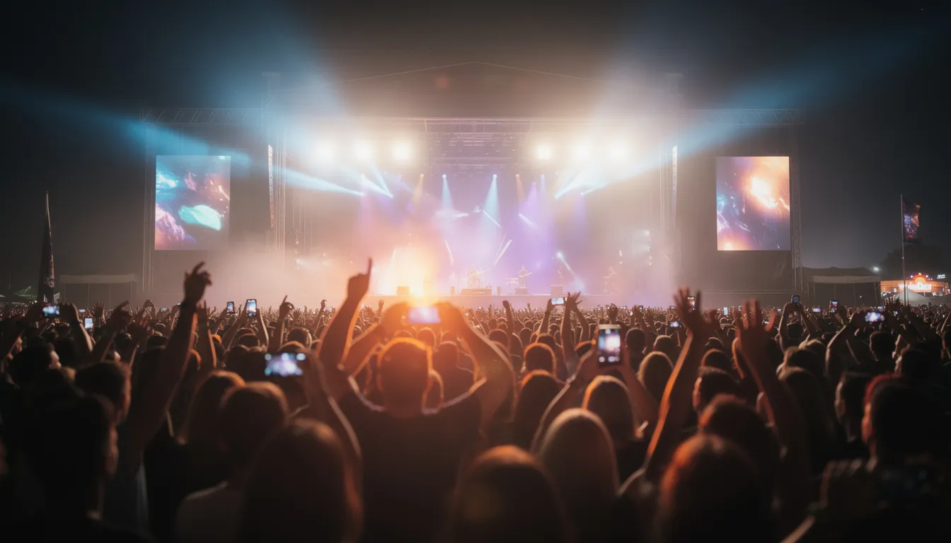 A large crowd gathers at an outdoor concert venue, illuminated by vibrant stage lights in the background, creating a lively atmosphere. Event security personnel are present to ensure a secure environment, promoting safety and contributing to the success of the event.