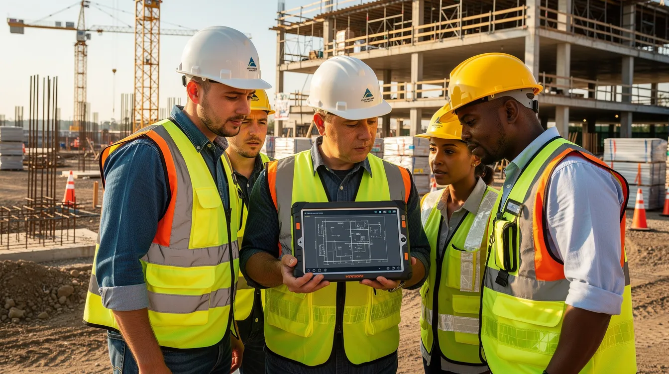 A group of construction workers, dressed in personal protective equipment including safety vests and hard hats, are gathered around a tablet on a commercial jobsite, discussing project details and safety measures. Their collaboration reflects a commitment to risk mitigation and adherence to OSHA compliance within the construction industry.