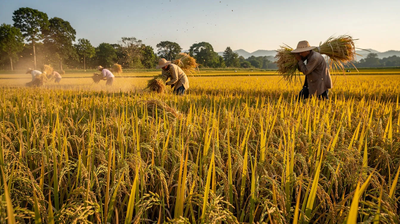 The image depicts lush golden paddy fields ready for harvest, with farmers working in the background, indicating the crucial role of paddy procurement for rice mills in India. This scene highlights the importance of quality control and efficient operations in the production of raw paddy, essential for maintaining a steady supply of finished rice.