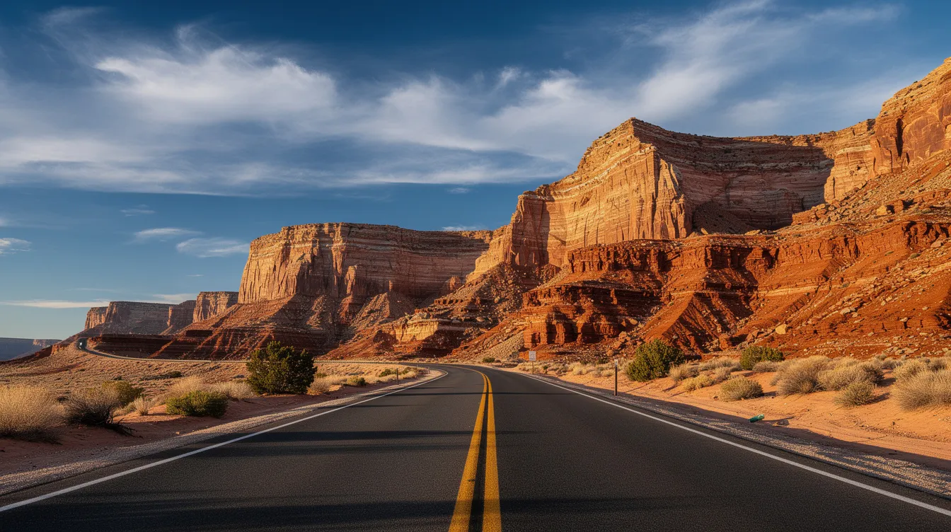 A winding desert highway leads toward majestic layered red and orange sandstone cliffs, set against a deep blue sky adorned with wispy clouds, reminiscent of the stunning landscapes found in Zion National Park. This scenic drive offers a glimpse of the natural beauty that attracts visitors to explore Zion Canyon and its surrounding areas.
