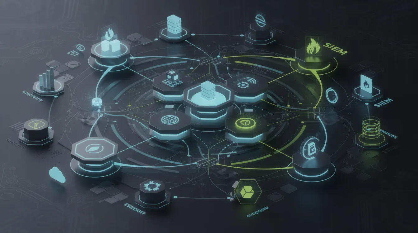 The image depicts an abstract network of interconnected security tools and data sources, represented as nodes and connections, illustrating the complex landscape of security operations. This visualization emphasizes the integration of AI capabilities, alert triage processes, and the collaboration between human analysts and specialized agents in threat detection and autonomous investigation.