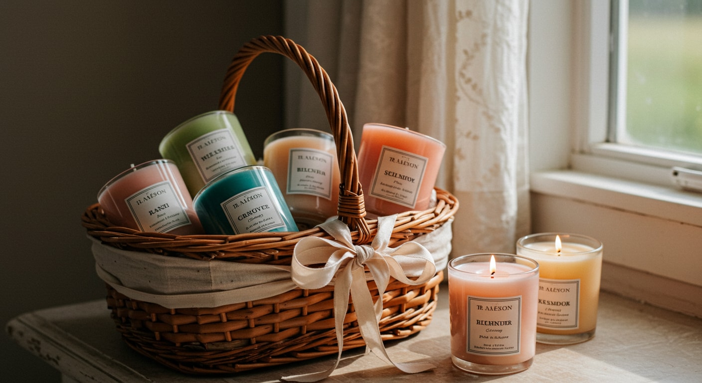 A Mother's Day gift basket filled with a variety of scented candles