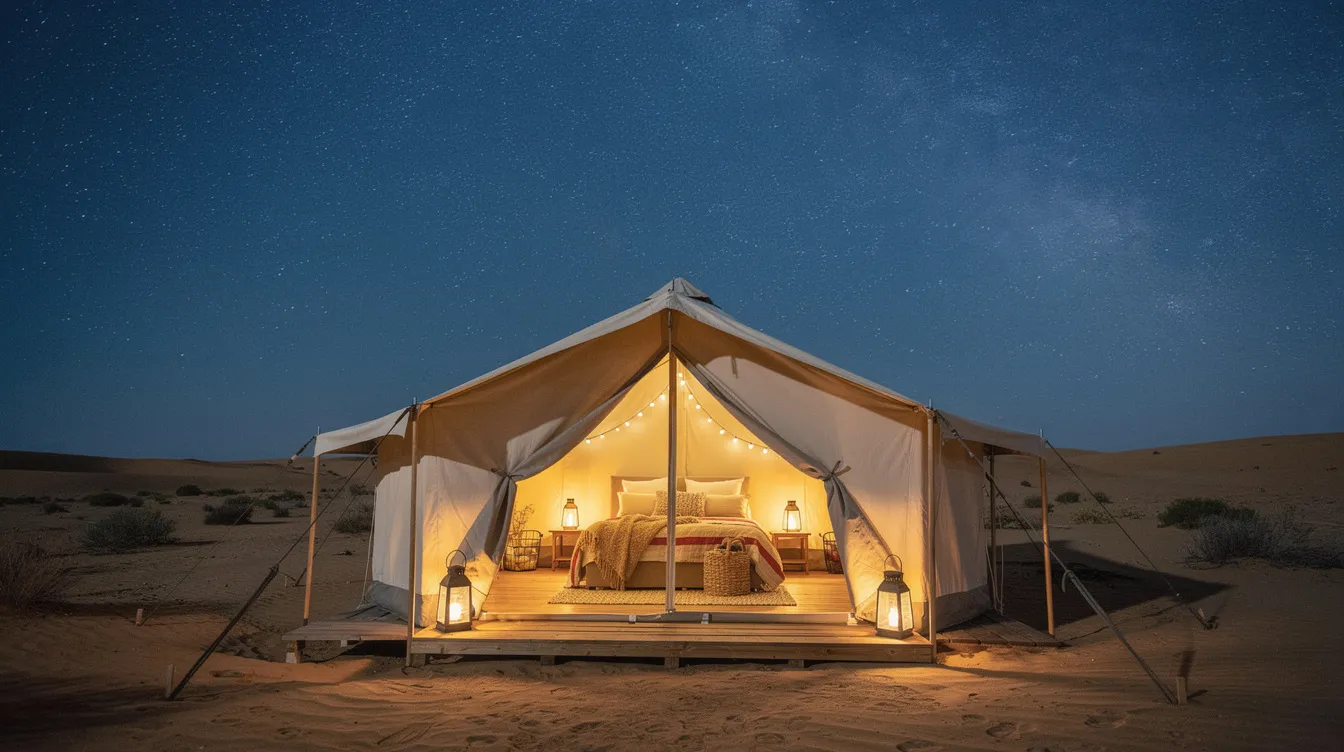 A luxurious canvas tent glows warmly from within, set against a breathtaking starry night sky in an expansive desert landscape. This serene scene evokes the tranquility of the Grand Canyon National Park, inviting guests to experience the beauty of the canyon's high desert environment.