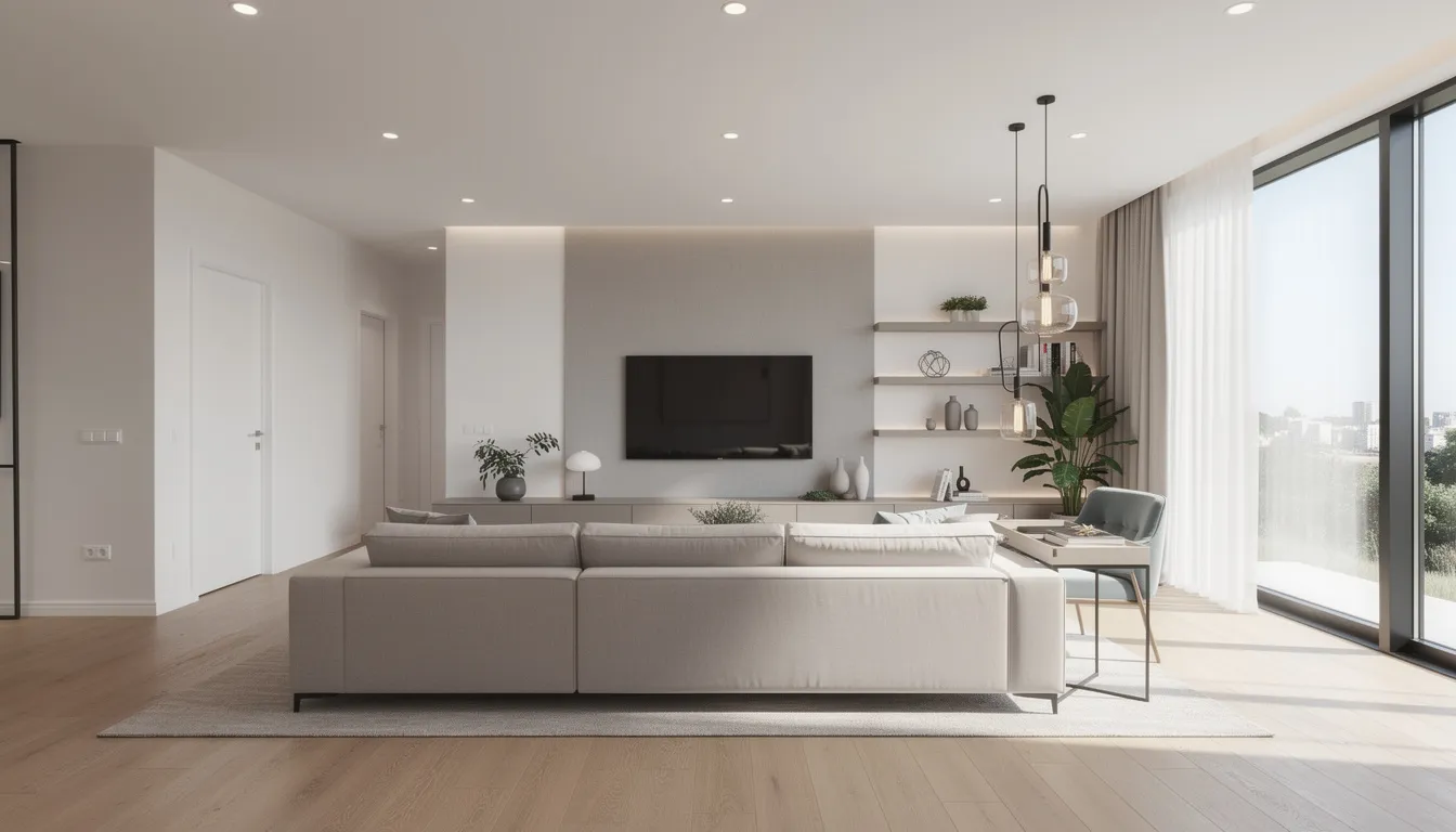 A modern residential living room features recessed LED lighting that enhances the contemporary fixtures and overall aesthetic. This stylish space showcases the latest technology in electrical systems, ensuring safety and quality for a comfortable living environment.