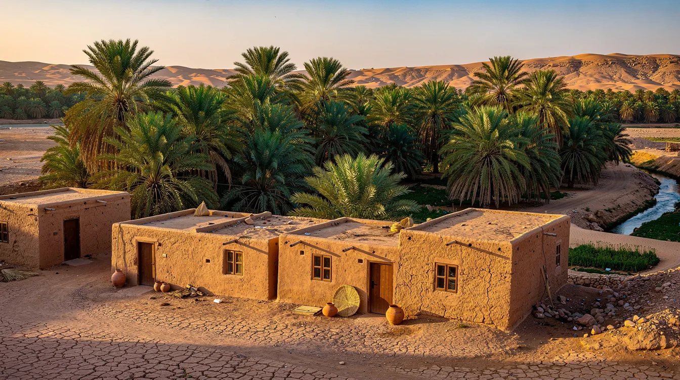 Un oasis de palmeras con construcciones tradicionales de adobe en un paisaje árido.