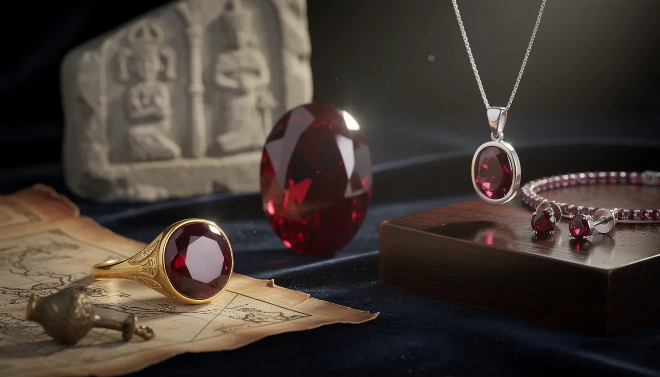 The image showcases a variety of garnet crystals, highlighting their diverse colors ranging from deep red to green and reddish-brown hues. These gemstones, formed in metamorphic and igneous rocks, have been cherished throughout history for their beauty and durability, often used in jewelry and royal insignia.
