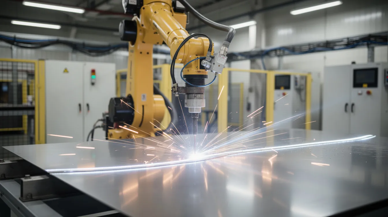 An industrial robotic arm is engaged in laser welding on thin metal panels in a modern factory, showcasing the precise welding process used for sheet metal fabrication. The scene highlights the advanced technology involved in welding techniques, emphasizing the efficiency of the welding machine in creating clean welds on thin materials.