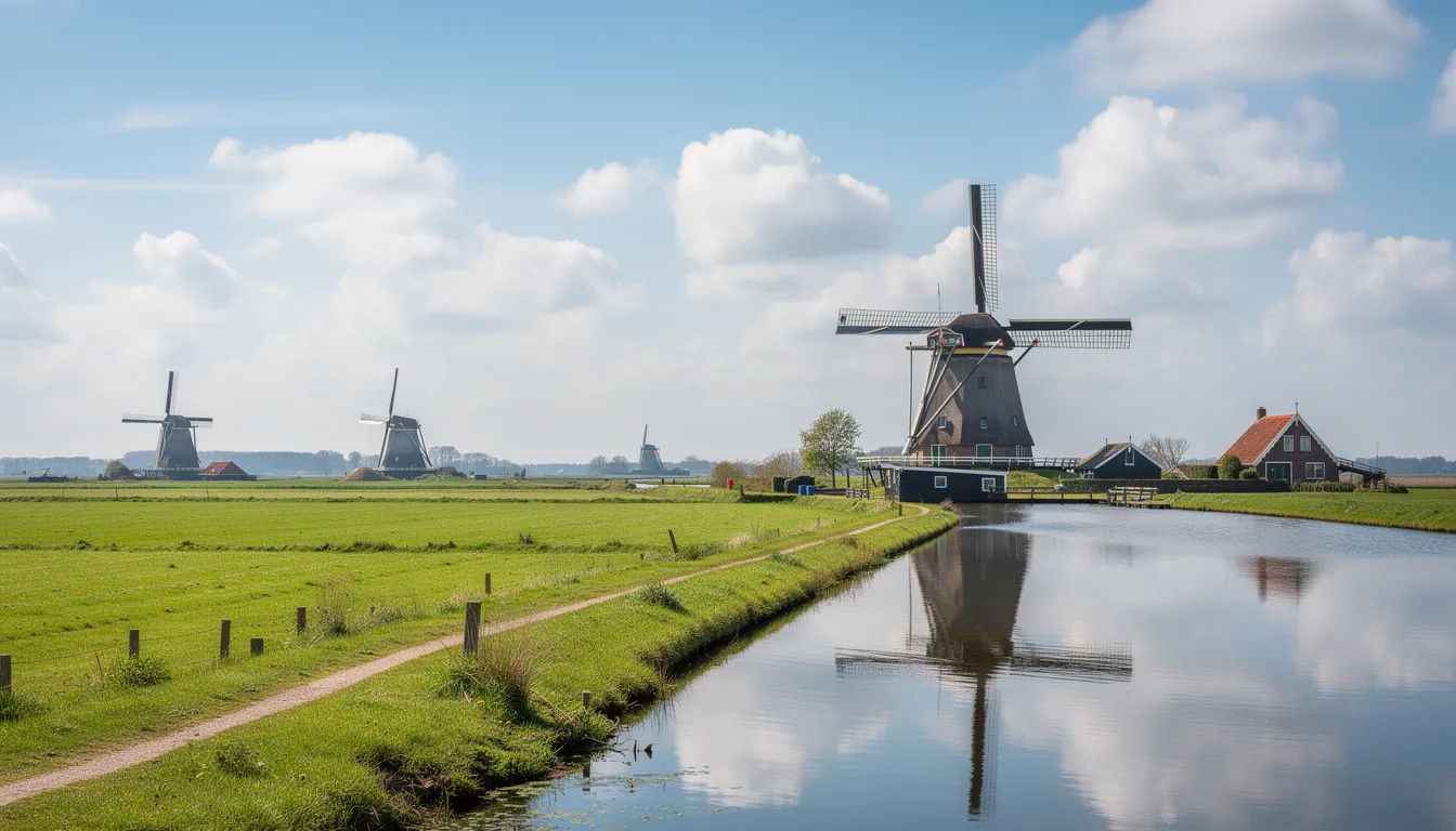 A imagem retrata uma pitoresca paisagem holandesa com moinhos de vento tradicionais e canais serenos sob um céu azul claro, caraterístico da encantadora aldeia de Giethoorn. Esta vista cénica realça a beleza dos Países Baixos, muitas vezes referidos como a "Veneza dos Países Baixos", com os seus muitos canais estreitos e arredores idílicos.