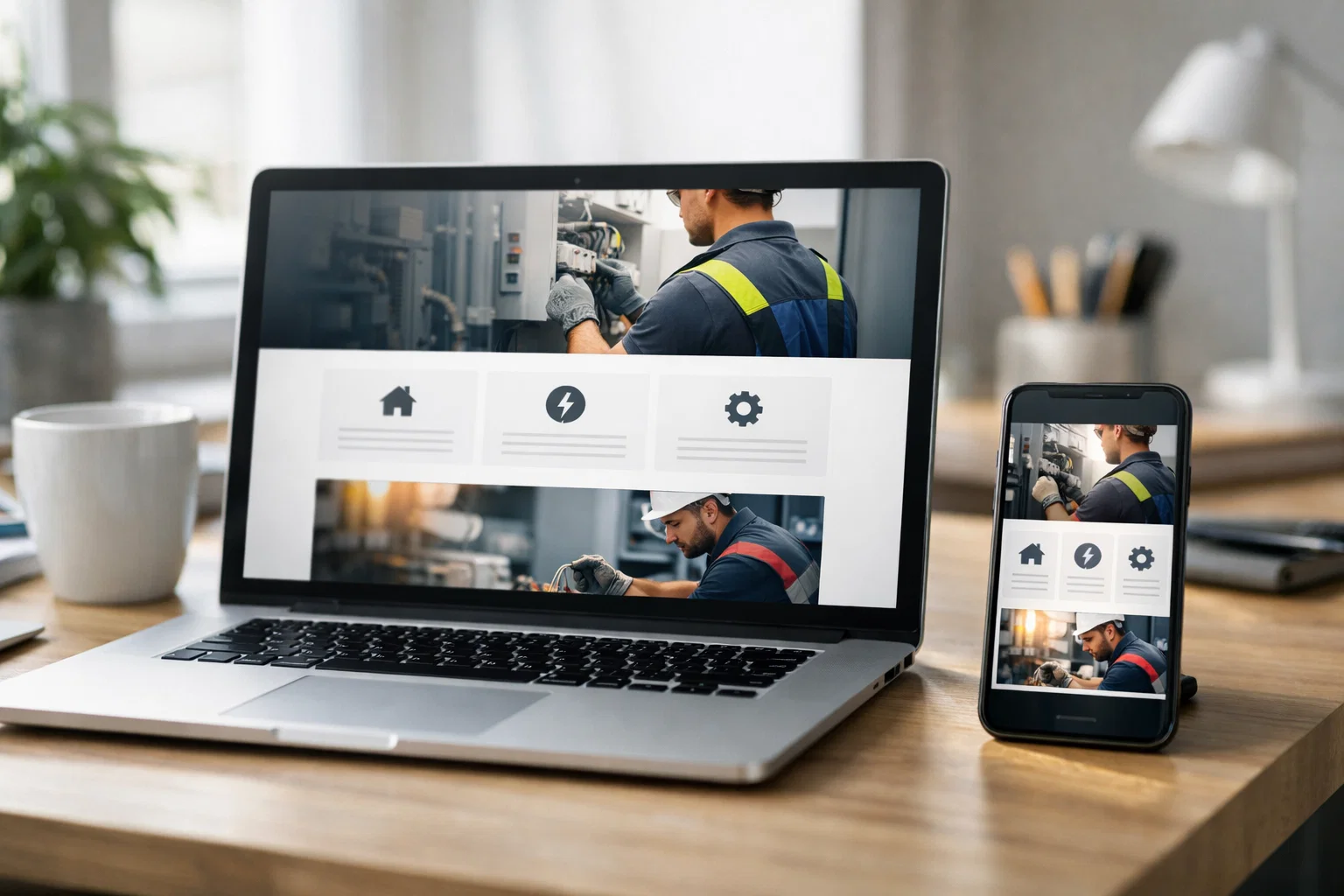 Laptop and mobile phone displaying a clean electrician website design in a home office setting