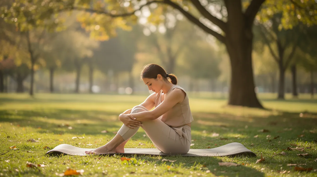 Une personne pratique le yoga en plein air dans un parc, entourée de lumière naturelle, adoptant une posture douce qui évoque l'équilibre et le bien-être. Cette scène reflète l'importance de prendre soin de sa santé mentale pour prévenir l'épuisement professionnel et le stress.