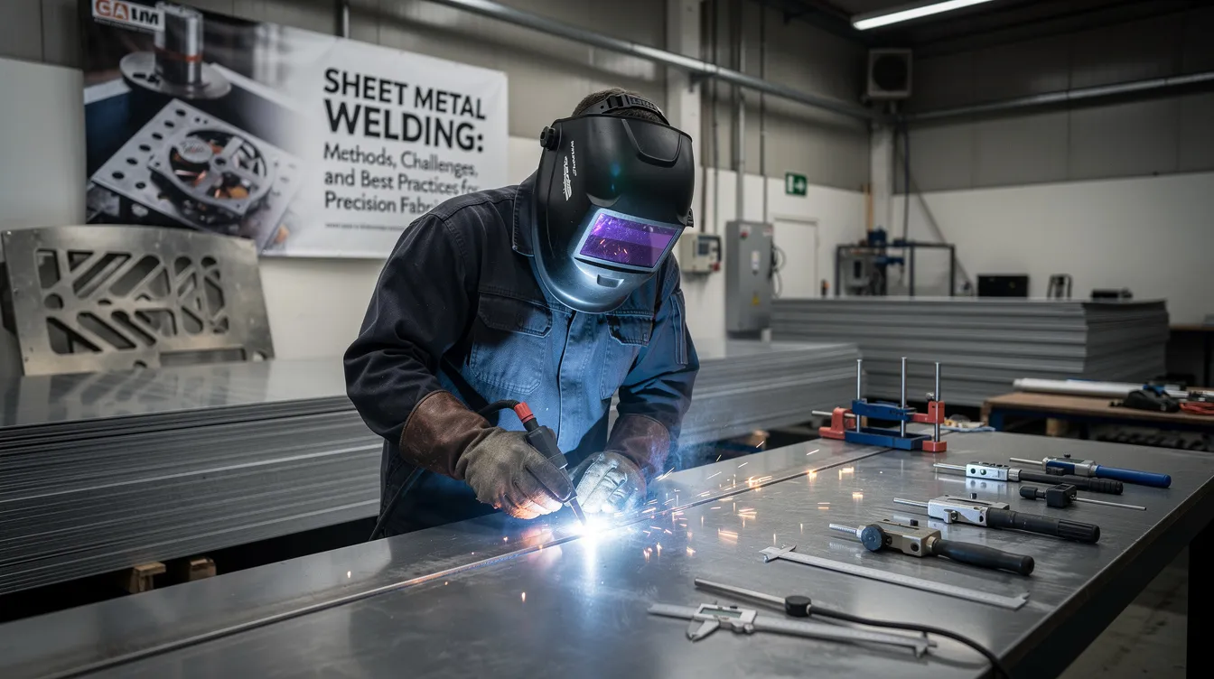The image depicts a skilled welder using a MIG welding technique to join thin sheet metal pieces in a well-equipped welding area. Various tools such as a welding gun, a welding helmet, and a fire extinguisher are visible, emphasizing the importance of safety and precision in the sheet metal welding process.