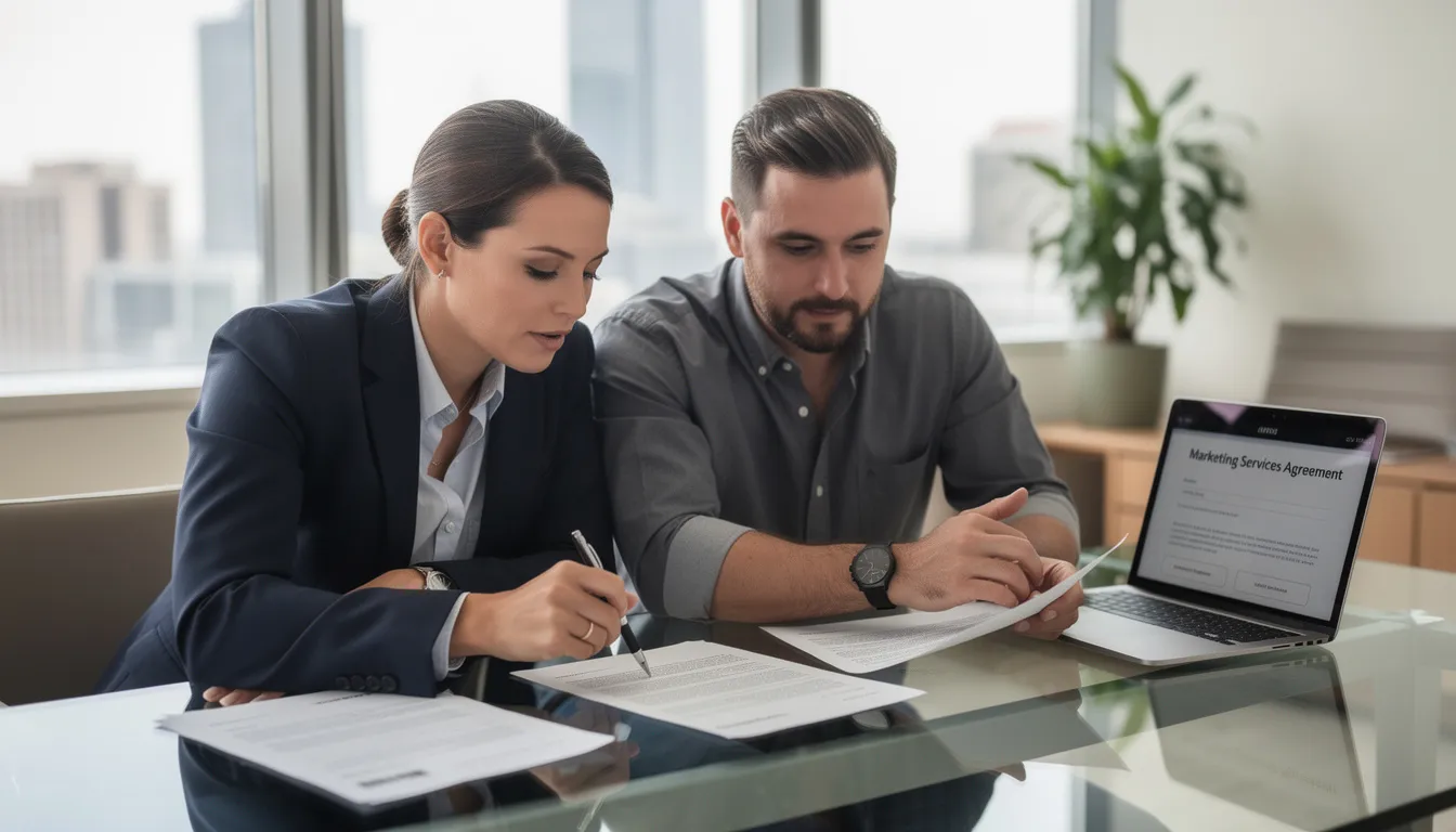 A professional marketing consultant is seated at a table, reviewing contract documents with a business owner, discussing strategies to enhance local visibility through influencer marketing and social media platforms. The scene captures a collaborative atmosphere focused on improving the business's local SEO strategy and engagement with potential customers.